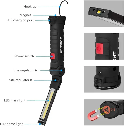 Vista 4 de Lmaytech Linternas LED, 5 paquetes de luces de trabajo recargables, luz de trabajo con base magnética y gancho para colgar, rotación de 360°, 5
