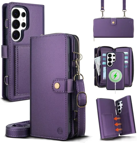 Vista 17 de Funda tipo cartera para Samsung Galaxy S25 Ultra, funda tipo cartera multifunción, desmontable 3 en 1 magnética para Galaxy S25 Ultra, funda