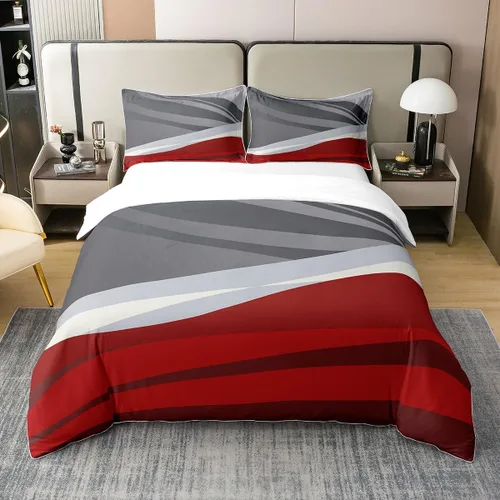 Vista 3 de Juego de funda de edredón moderna abstracta 100% algodón, tamaño individual, para niños, rojo, gris, negro, geométrico, juego de ropa de cama