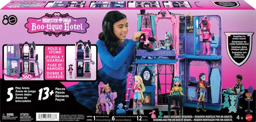 Vista 7 de Monster High Boo-tique Hotel Casa de Muñecas, juego plegable con sorpresas espeluznantes en cada habitación y más de 13 piezas, incluyendo muebles