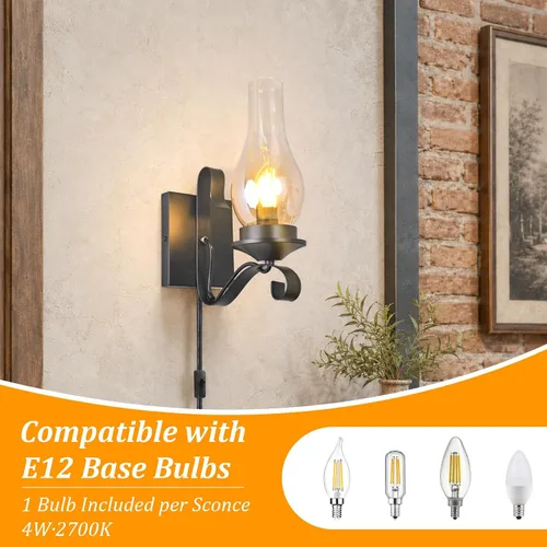 Vista 5 de Black Plug in Wall Sconce 1-Pack, UL Listed Rustic Farmhouse Lamp, E12 Base