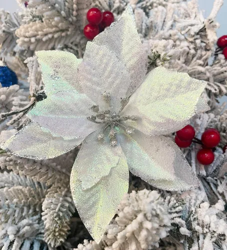 Vista 10 de YYCRAFT 12 flores artificiales de seda brillante con purpurina para decoración de árbol de Navidad (plata, 8 pulgadas)
