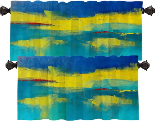 Vista 97 de Shrahala Beige and Orange Abstract Art Brushstrokes Blackout Curtain Tiers, Abstract Oil Paint Kitchen Valance Light Blocking Tier Drapes with Rod