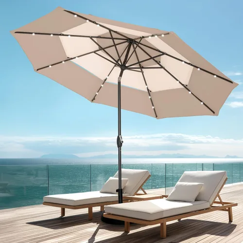 Vista 12 de PHI VILLA - Sombrillas de patio de 9 pies con 24 luces LED solares, sombrilla iluminada para mesa de mercado al aire libre con 8 varillas de acero