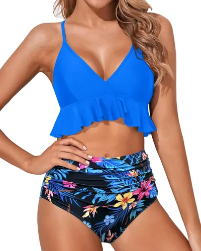 Vista 17 de Tempt Me - Traje de baño de dos piezas para mujer, bikini de cintura alta con volantes y control de abdomen Rojo neón
