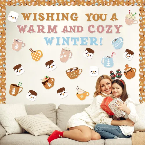 Vista 8 de Tableros de Anuncios de Navidad e Invierno - 115Pcs Set de Diseño de Taza de Cacao de Invierno con Puntos de Pegamento, Cartulina Duradera y Taza