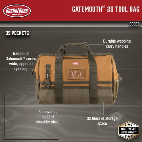 Vista 2 de Bucket Boss Bolsa de herramientas Gatemouth 20 en marrón, 60020, 32 litros
