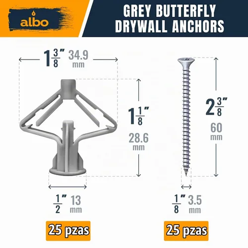 Vista 3 de Kit de anclaje para paneles de yeso Albo Anclajes de pared huecos con tornillos 50 piezas. (Anclaje gris 25 piezas + tornillos 25 piezas) Anclajes