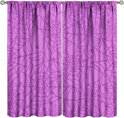 Vista 53 de Cortinas opacas de tela de araña aterradora para niños, tela de araña en blanco y negro, fondo rojo, dormitorio de niños, guardería, decoración