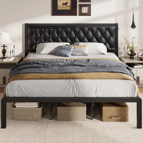 Vista 13 de Fluest Base de cama individual con cabecero, tapizada en cuero PU, marco de plataforma con soporte de listones metálicos, con espacio
