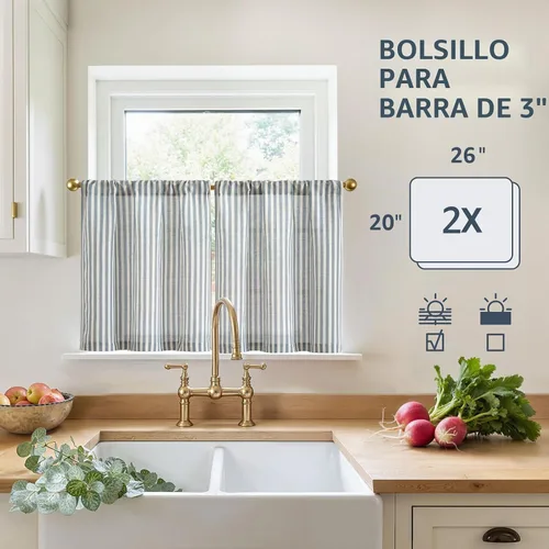 Vista 5 de jinchan Cortinas de cocina de lino a rayas de 20 pulgadas de largo, cortinas de nivel, estilo rústico moderno de cafetería, tratamientos