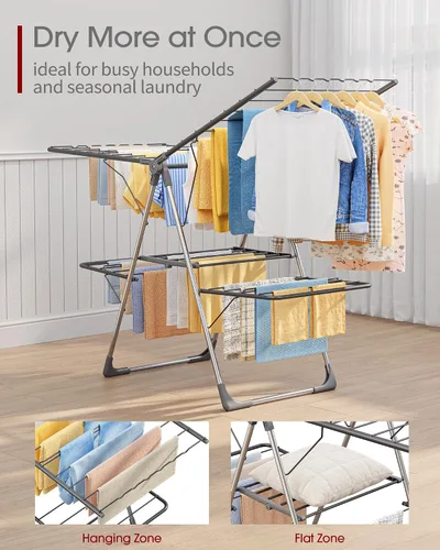 Vista 2 de Sakugi Escurridor de ropa, plegable de 2 niveles con alas ajustables en altura, para ropa y ropa de cama, estante independiente que ahorra espacio