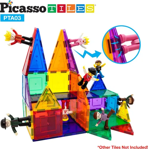 Vista 3 de PicassoTiles Figuras magnéticas + 100 azulejos magnéticos + 2 camiones de automóvil, juego de expansión de imán de acción de personajes de 8 piezas