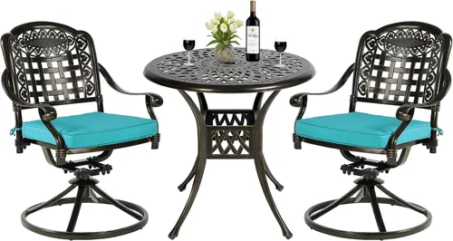 Vista 10 de Juego de comedor de patio al aire libre de 3 piezas, juego de conversación de aluminio fundido para todo tipo de clima con 2 cojines giratorios