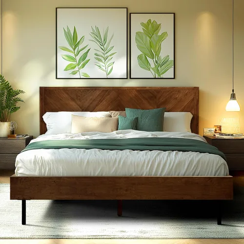 Vista 10 de Acacia Alander - Marco de cama de madera maciza con cabecera de cheurón Caramelo.