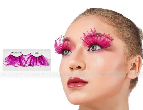 Vista 2 de EMILYSTORES - Pestañas para disfraz de plumas sintéticas rosas para Halloween, pestañas dramáticas, aspecto de fiesta, 1 par