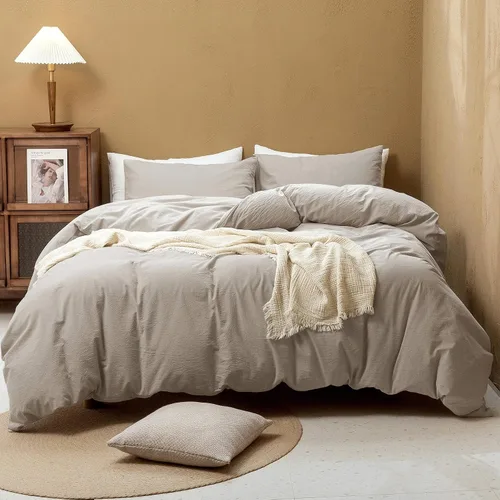 Vista 62 de FOSSA Juego de funda de edredón 100% algodón lavado, tacto súper suave, transpirable, acogedor, 3 piezas, juego de ropa de cama, color gris almendra