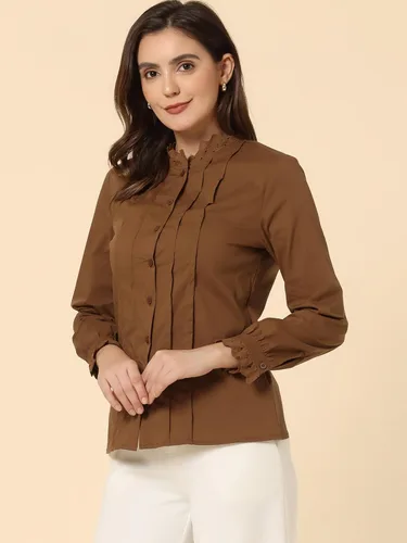 Vista 3 de Allegra K Blusa de cuello alto falso para mujer, con volantes, de algodón, plisada, con botones