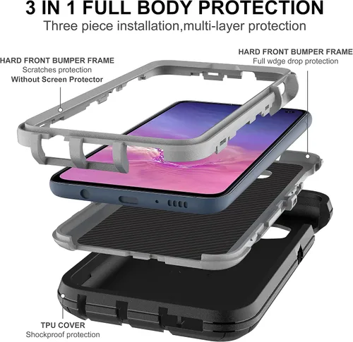 Vista 4 de Funda para Galaxy S10E: protección resistente a prueba de golpes 3 en 1, 2 películas nano a prueba de explosiones, negro/gris
