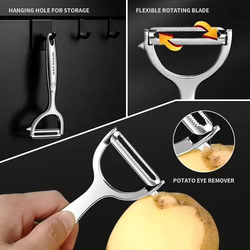 Vista 4 de MAD SHARK Peladores de verduras ultra afilados para cocina, frutas, manzanas, patatas, diseño con mango ergonómico antideslizante, acero inoxidable