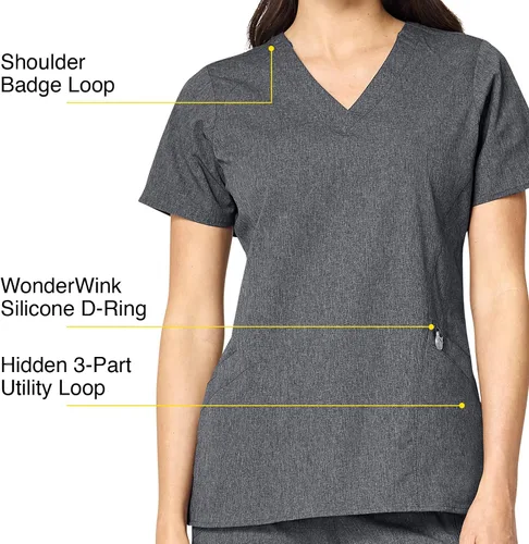 Vista 3 de WonderWink Top estilizado con cuello en V para mujer, Gris Carbón jaspeado
