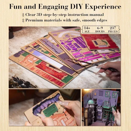 Vista 5 de Harry Potter Diagon Alley Book Nook Kit – Rompecabezas de madera 3D de bricolaje con luces LED Decoración de estantería de bricolaje Mundo