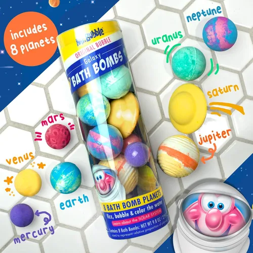 Vista 2 de Bombas de baño de Mr. Bubble Galaxy, aroma característico a goma de mascar, set de 8 bombas de baño diferentes con forma de planetas