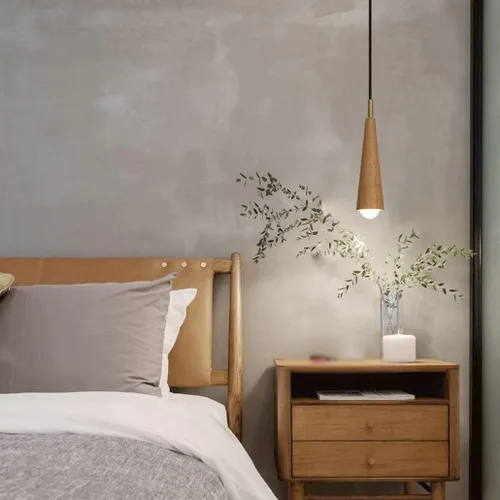 Vista 2 de Lámpara colgante pequeña de madera retro de granja, lámpara de suspensión ajustable con pantalla cónica de madera, lámpara colgante de techo