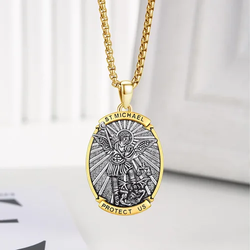 Vista 2 de Collar con colgante de amuleto de medalla de San de plata 10A-St Michael Oval