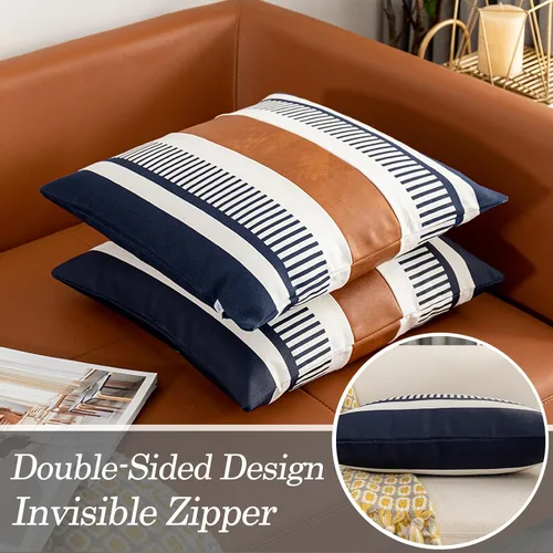 Vista 3 de Juego de 2 fundas de almohada decorativas de 20 x 20 pulgadas, estilo bohemio, a rayas, para sofá, cama, sala de estar, color azul marino