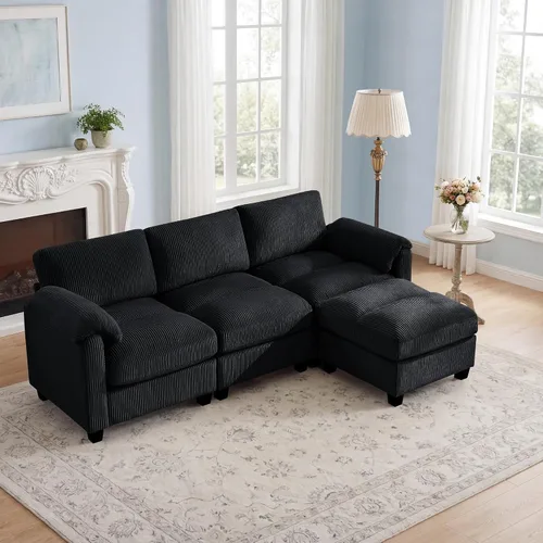 Vista 21 de Sofá modular de 61 pulgadas con otomana, asiento extra profundo para sala de estar, sofá de asiento profundo de pana con almohadas para Beige
