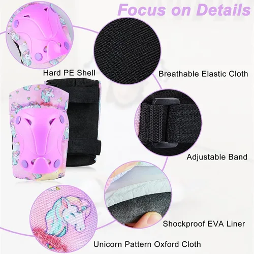 Vista 6 de Casco para niños, casco de bicicleta para niños pequeños con pegatinas DIY Unicornio, rodilleras y coderas ajustables, juego de protección para Rosa