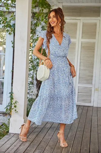 Vista 5 de PRETTYGARDEN - Vestido floral para mujer estilo bohemio, cruzado, con cuello en V, manga corta, con cinturón, dobladillo con volantes, acampanado