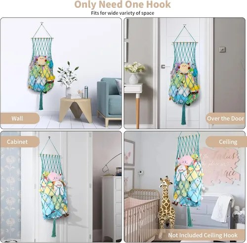 Vista 3 de Almacenamiento de Animales de Peluche de 68 Pulgadas, Hamaca Jumbo de Macramé para Animales de Peluche en Esquina, Hamaca Colgante de Pared y Techo