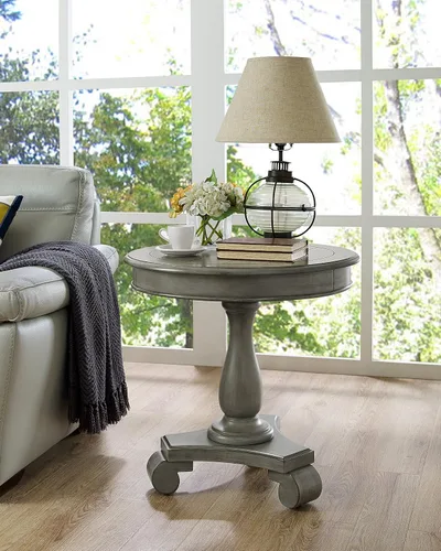 Vista 5 de Roundhill Furniture Rene Mesa auxiliar redonda de madera con pedestal, blanco antiguo