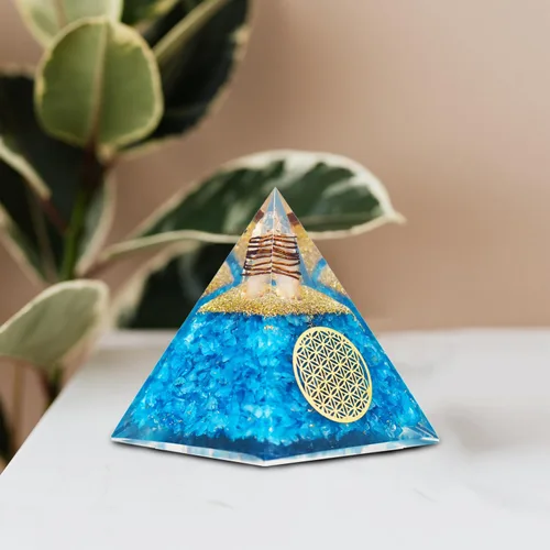 Vista 2 de Pirámide de orgonita de aguamarina, pirámide de cristal curativo, pirámide de piedras preciosas de cristal para meditación, motivación, positividad