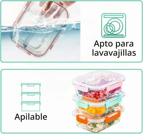 Vista 6 de C CREST Paquete de 5 recipientes de vidrio con 3 compartimentos, 34 onzas, recipientes de vidrio divididos para almacenamiento de alimentos
