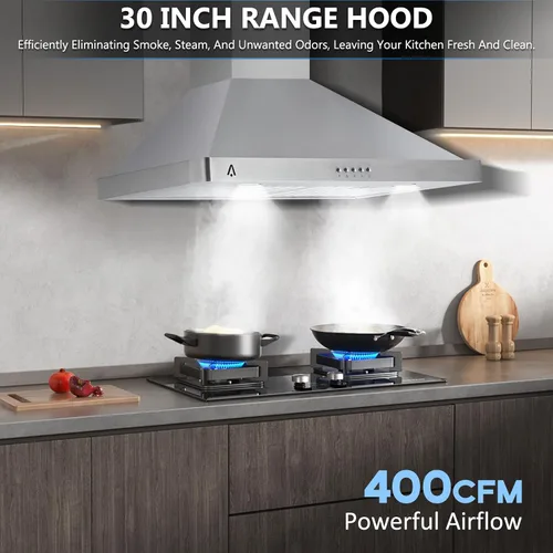 Vista 2 de Campana extractora de 30 pulgadas, montaje en pared con 400 CFM, campana extractora de acero inoxidable con control táctil, ventilador de escape