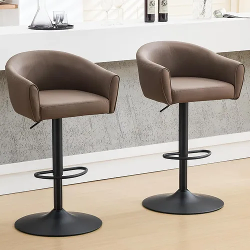 Vista 12 de FIRAVOE Juego de 2 taburetes de bar, taburetes de bar giratorios con respaldo y brazos, silla de bar ajustable de piel sintética de 24 a 34