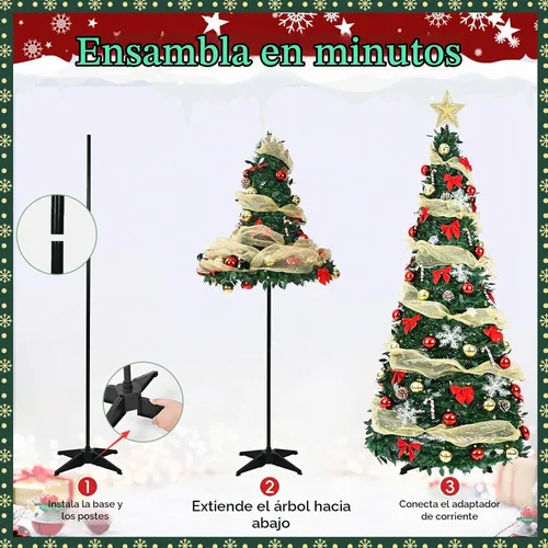 Vista 5 de Árbol de Navidad artificial preiluminado de 1,8 m, con control remoto, 150 luces LED cálidas, cinta dorada, fácil de montar, plegable