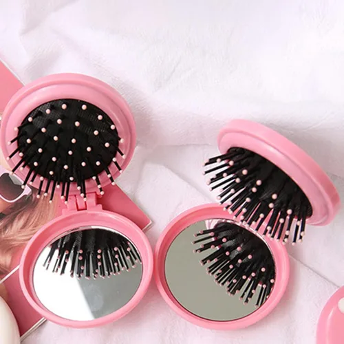 Vista 5 de Cepillo de pelo de viaje, peine de bolsillo con mini espejo, cepillos de pelo plegables compactos, redondos, mini peine de masaje compacto
