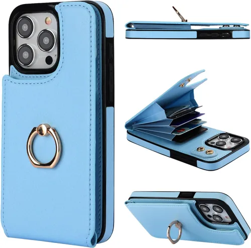 Vista 15 de Folosu Funda compatible con iPhone 15 Pro Max con soporte para tarjetas, rotación de 360°, soporte de anillo de dedo con función atril, bloqueo Negro