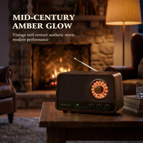 Vista 14 de Radio Bluetooth AM FM de madera vintage, sonido potente de 10 W