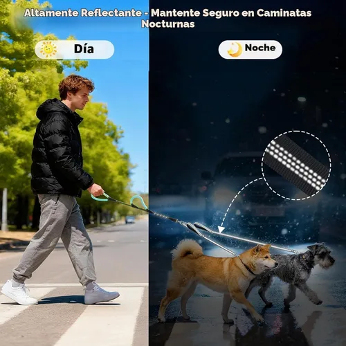 Vista 5 de XiaZ Correa doble para perro para dos perros, correa doble para perro con giratoria sin enredos y 4 asas cómodas, altamente reflectante con control