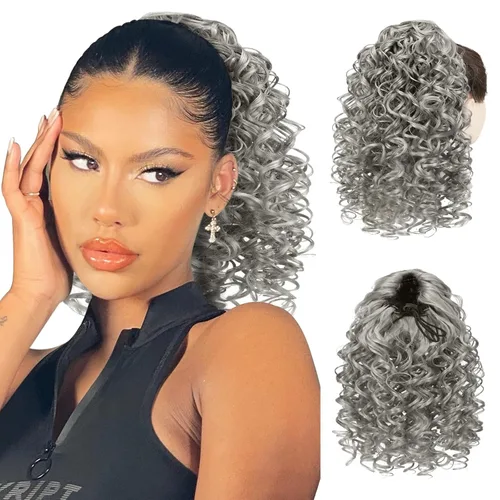 Vista 10 de PEACOCO Extensión de cola de caballo rizada con cordón para mujeres negras - Cola de caballo de 6 pulgadas con clip, postizo sintético de afro corto