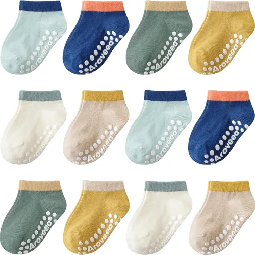 Vista 30 de Calcetines antideslizantes con agarre para tobillos, paquete de 12 unidades para niños pequeños, niños y niñas, lindos calcetines de algodón