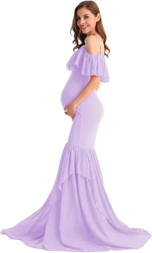 Vista 28 de MYRISAM Vestido de maternidad con volantes y hombros descubiertos para mujer, vestido de fiesta de sirena de gasa, vestido ajustado