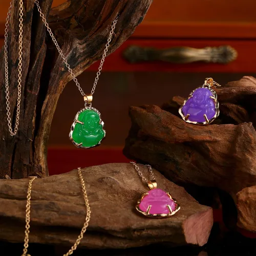Vista 7 de Collar de Buda con dije de Buda sonriente para mujeres y hombres, azul, amarillo, blanco, rosa, verde, jade buhdda, cadena de amuleto de la suerte