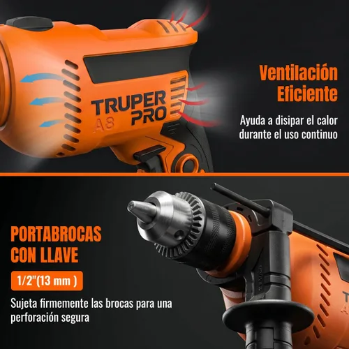 Vista 5 de Truper Taladro de martillo rotatorio profesional de 1/2" 700W, 110V, 5A, naranja