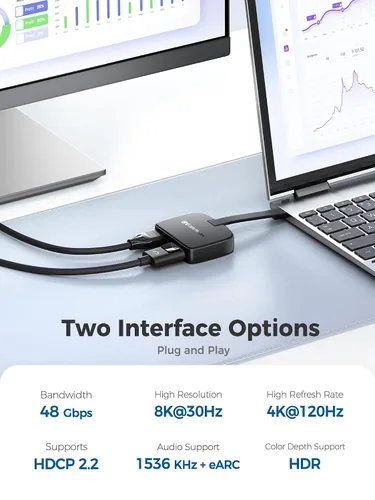 Vista 4 de Cable Matters Adaptador portátil USB C a HDMI y DisplayPort 2x 4K@60Hz / 1x 8K@30Hz, macOS One Extended Display, Foldable, Thunderbolt 4